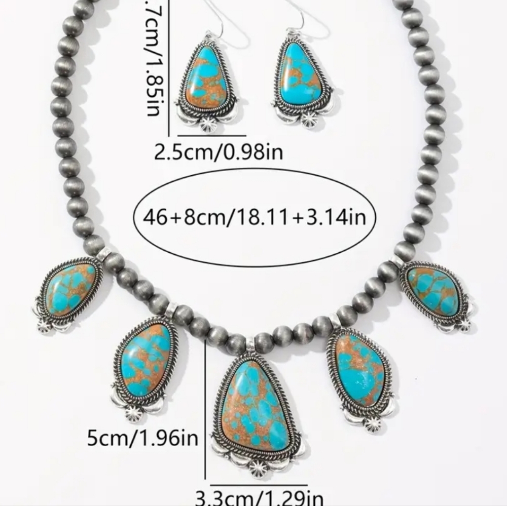 Southwestern Bohemian-style turquoise and silver  necklace & earring Set - Picture 3 of 6